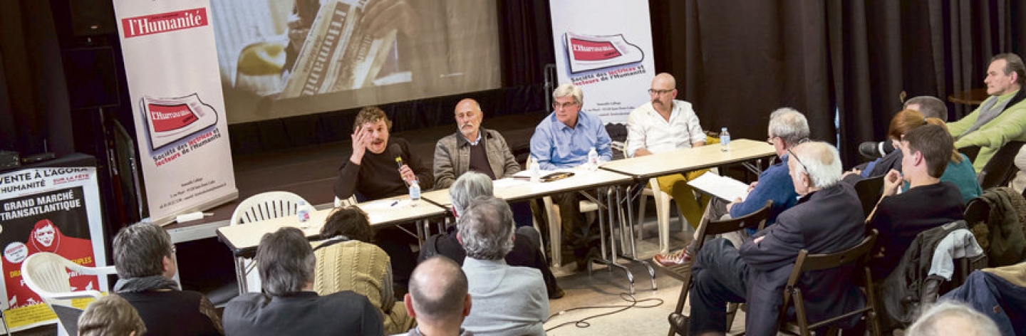 Paris, le 12 mars 2016. assemblée générale de la S2LH, avec (de gauche à droite) : Gilbert Garrel, syndicaliste cheminot, Nicolas Devers-Dreyfus, président de l'association, Patrick Le Hyaric, directeur du journal et l’acteur Philippe Torreton. PATRICK NUSSBAUM thumbnail of Paris, le 12 mars 2016. assemblée générale de la S2LH, avec (de gauche à droite) : Gilbert Garrel, syndicaliste cheminot, Nicolas Devers-Dreyfus, président de l'association, Patrick Le Hyaric, directeur du journal et l’acteur Philippe Torreton. PATRICK NUSSBAUM